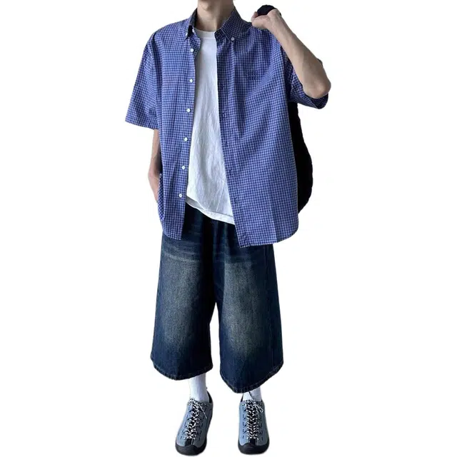 沐诚阳译 美式复古格子夏季潮牌潮流宽松百搭休闲衬衣外套短袖衬衫 男款