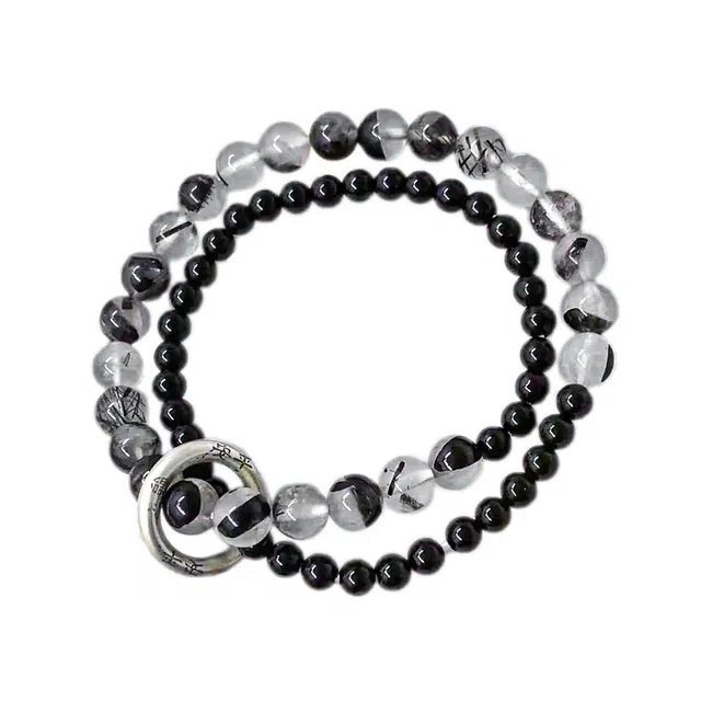 素于 国潮文玩潮流创意小众轻奢高级感双圈佛珠吉祥如意八方来财转运复古盘玩念珠手饰#好运 黑檀 木作手串 男女同款情侣款