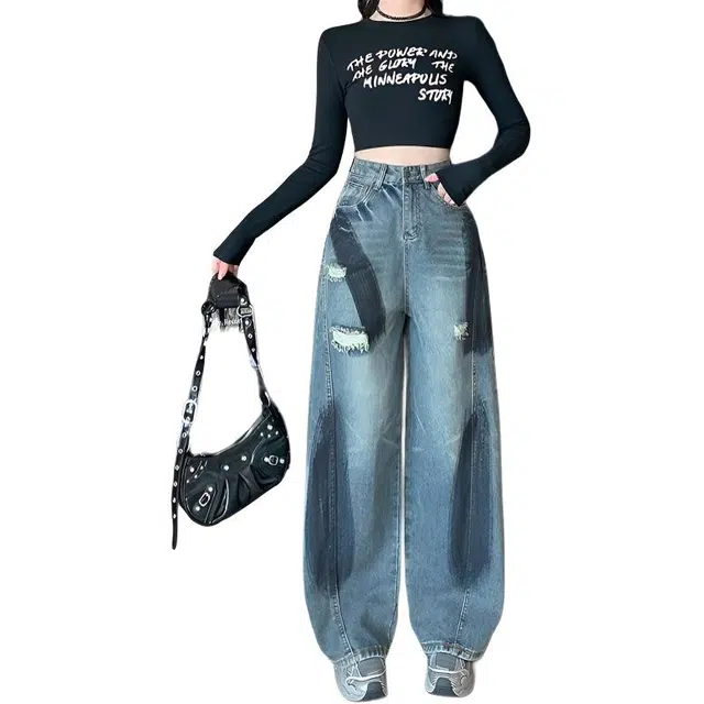 柏黛妃 美式复古做旧破垂感阔腿裤简约通勤牛仔裤 女款