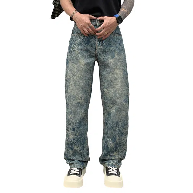 帝狼牛 美式水洗做旧花色设计感街头痞帅宽松百搭直筒休闲牛仔裤 男女同款