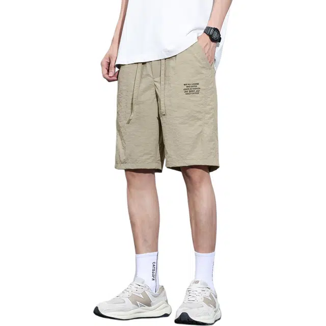 瑞梵帝斯 美式高街复古纯色宽松五分舒适百搭有垂感无性别主义重磅系带松紧时尚简约日系头中腰休闲裤男生短裤 男款