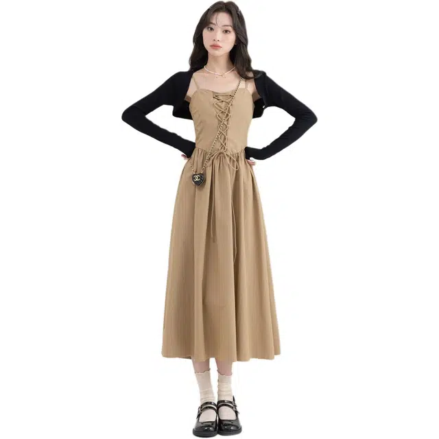 哒头下雨不愁 春夏季温柔甜美风纯色通勤上衣休闲百搭显瘦长裙连衣裙裙装套装 女款