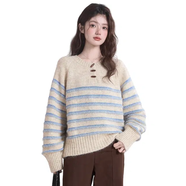 欧阳喜 韩系慵懒风宽松休闲条纹复古气质长袖针织衫 女款