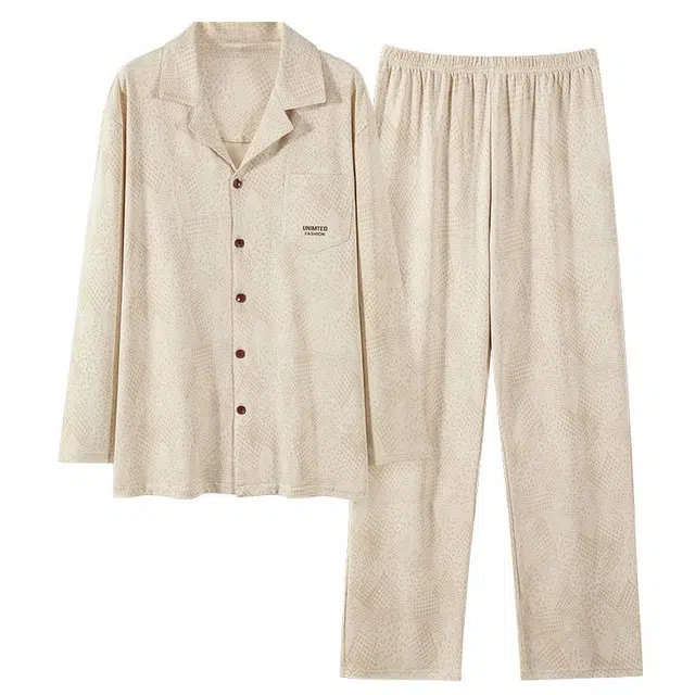 俏韵 翻领春秋季款简约印花长袖休闲开衫家居服可外穿睡衣套装 男款