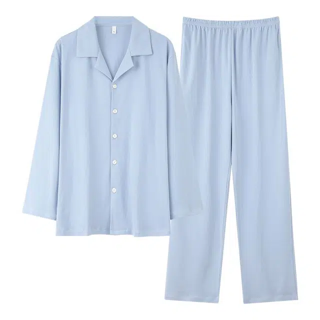 俏韵 翻领春季长袖长裤开衫休闲纯色简约风薄款舒适家居服可外穿睡衣套装 男款