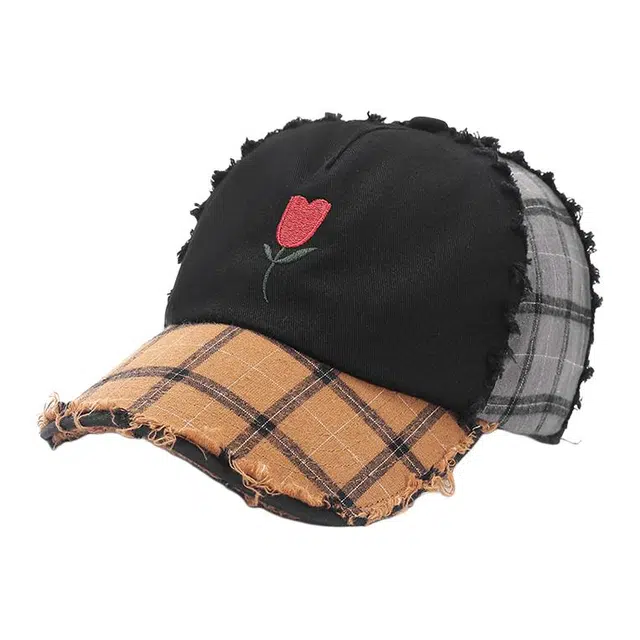 肯默 玫瑰花情侣帽做旧拼接格纹街头嘻哈四季遮阳 棉 鸭舌帽 男女同款情侣款