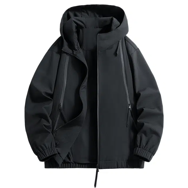 快鱼 美式高街简约复古户外山系工装机能纯色拼接拉链设计感飞行员落肩防风防水通勤百搭宽松休闲教练连帽夹克外套 男女同款