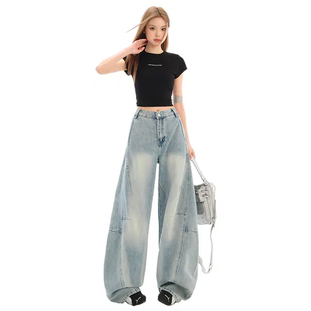 玫丝朵 美式复古慵懒风解构设计高腰宽松阔腿牛仔裤 女款