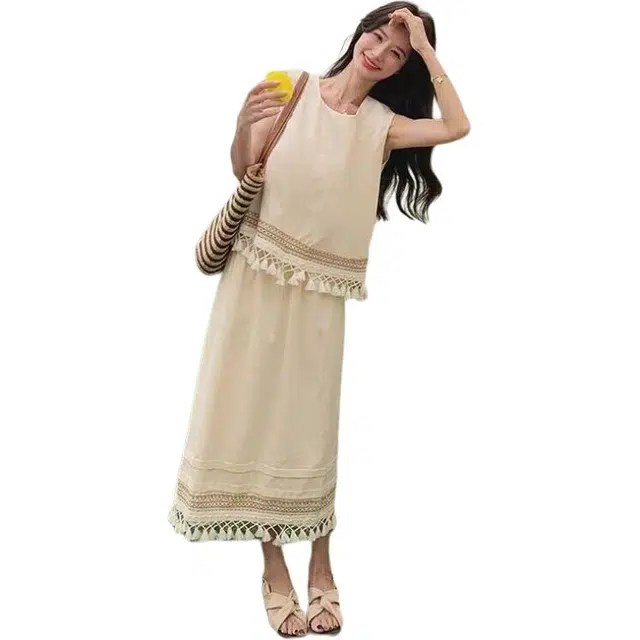 哒头下雨不愁 流苏拼接高级感穿搭一整套半身裙两件套裙装套装 女款