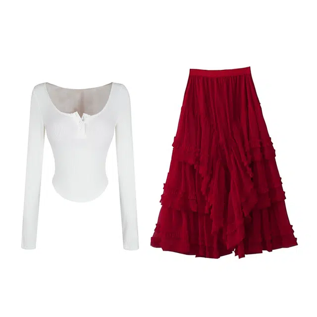 敲模女孩 夏日多巴胺韩系长袖松弛感防晒假两件上衣搭高腰设计感松紧腰蛋糕半裙裙装套装 女款