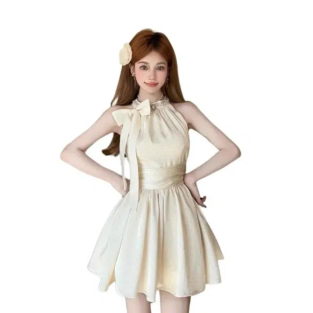 小卷要加油 烫钻亮闪闪蝴蝶结收腰显瘦仙女短裙无袖连衣裙 女款