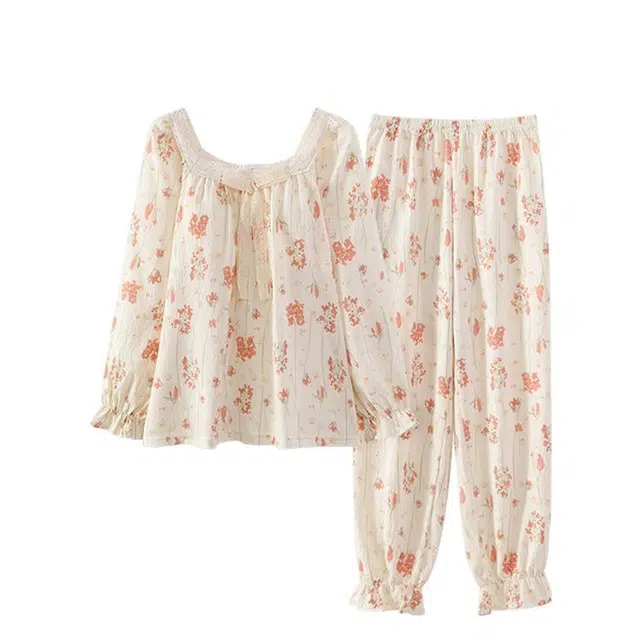 俏韵 方领春季云朵棉长袖长裤舒适甜美可爱薄款家居服可外穿睡衣套装 女款