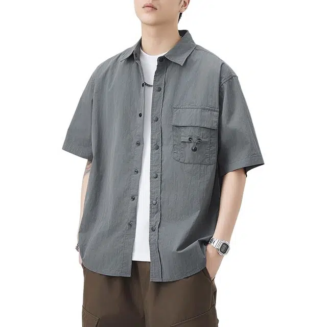 左岸 夏季港风青少年感透气短袖衬衣翻领高级感休闲宽松潮牌半袖上衣衬衫 男款
