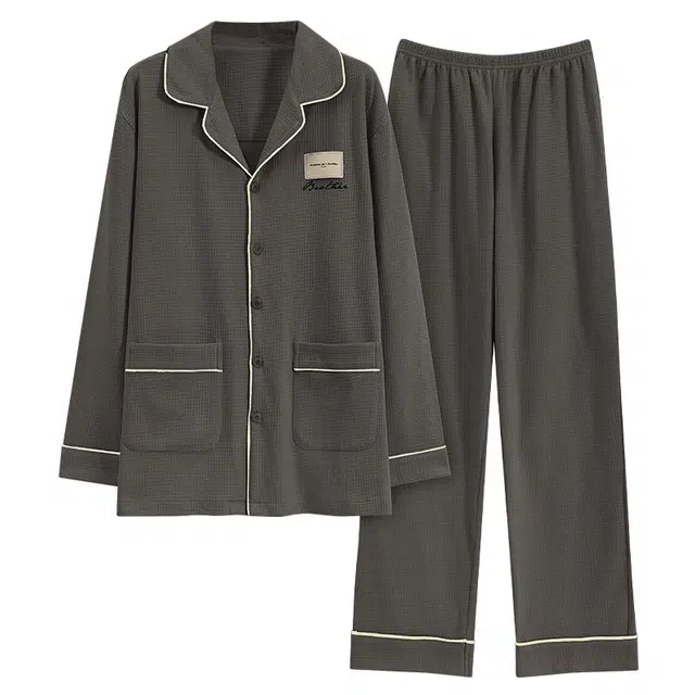 俏韵 翻领秋春季长袖开衫休闲简约薄款家居服可外穿睡衣套装 男款