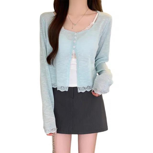 缪斯的诱惑 夏季韩版气质短款针织衫防晒空调衫外搭上衣截短外套 女款