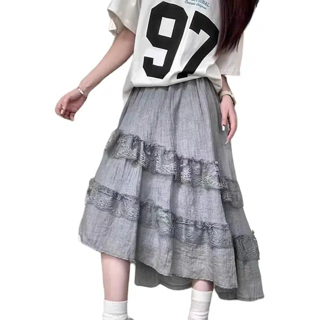 哒头下雨不愁 学院风艺术生小众设计蕾丝蛋糕裙小个子垂感不规则半身裙休闲长裙 女款