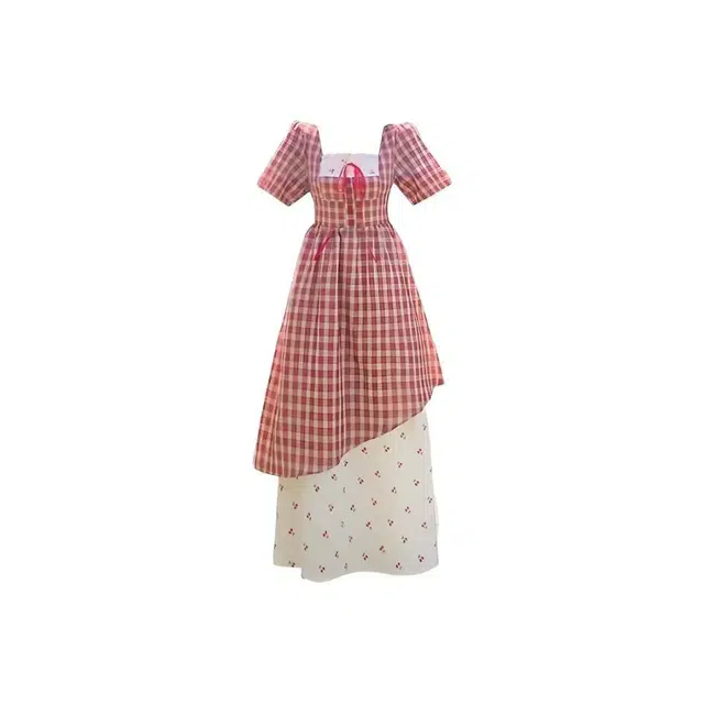 小卷要加油 法式风红格子拼接碎花假两件裙子女夏不规则修身长裙 短袖连衣裙 女款