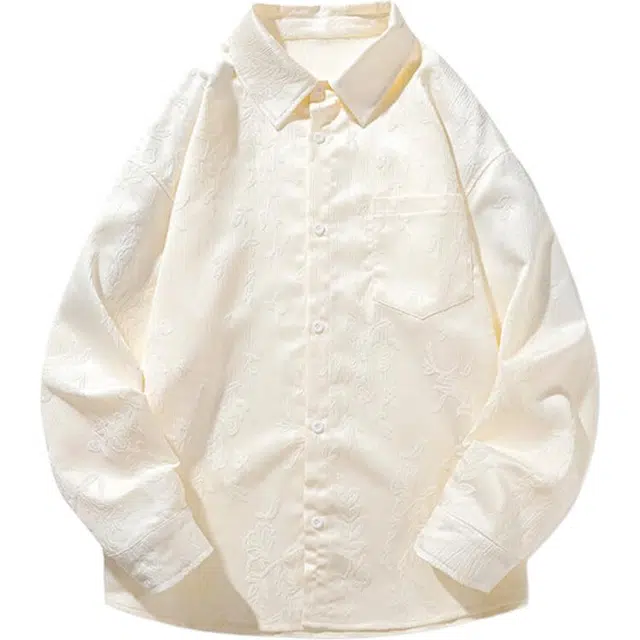 零氏 美式复古高级感提花薄款上衣服宽松大码休闲五分中衣百搭垂感长袖衬衫 男女同款