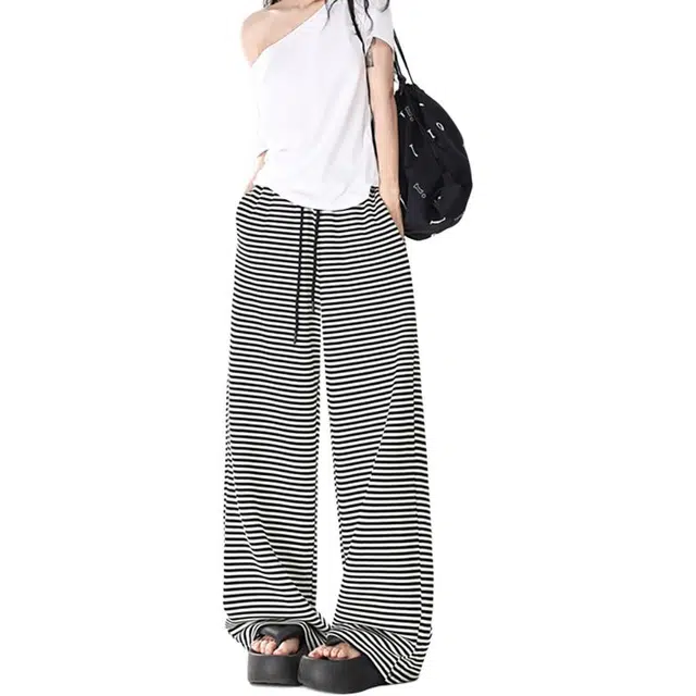 如续 慵懒松弛条纹夏季宽松直筒高腰垂感阔腿裤休闲裤 女款
