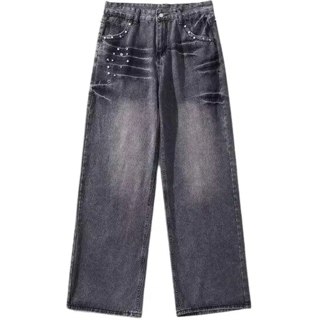 颂希尔 美式复古高街折痕铆钉设计感宽松显瘦直筒阔腿裤牛仔裤 男女同款