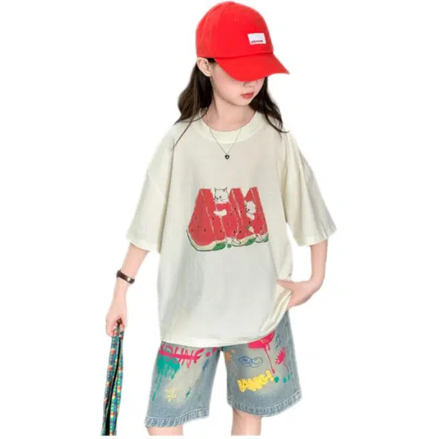 天才小熊休闲运动套装 女童夏季大童潮牌小孩衣服 小女孩西瓜猫咪数码印花 短袖洋气时髦 漂亮 甜美