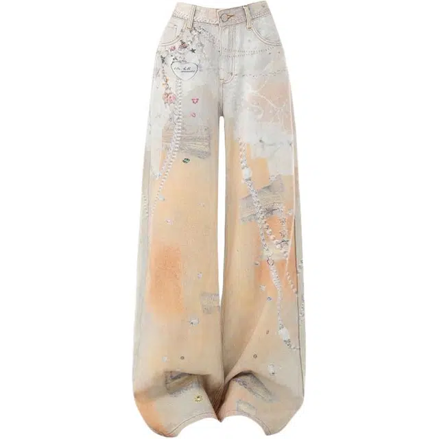 拾籍 高街风格复古元素涂鸦橘链条印花设计宽松直筒显瘦阔腿裤女时尚垂感休闲拖地牛仔裤 女款