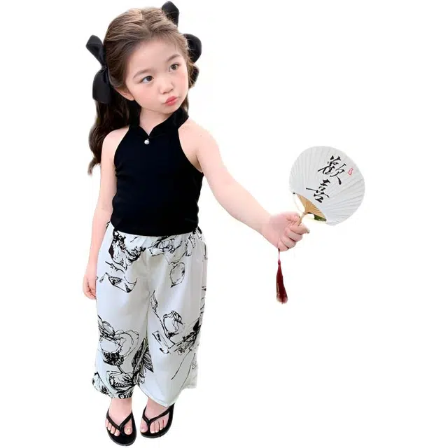 天才小熊休闲运动套装 女童夏季大童潮牌小孩衣服 小女孩 水墨画荷花 洋气时髦 漂亮 甜美