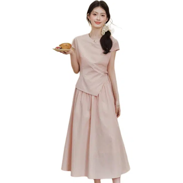 哒头下雨不愁 长裙女夏季新轻奢中式不规则假两件系带连衣裙 女款