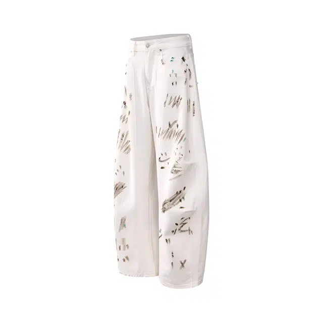 零氏 美式潮牌字母标语涂鸦设计休闲百搭宽松痞帅炸街个性直筒弯刀牛仔裤 男女同款