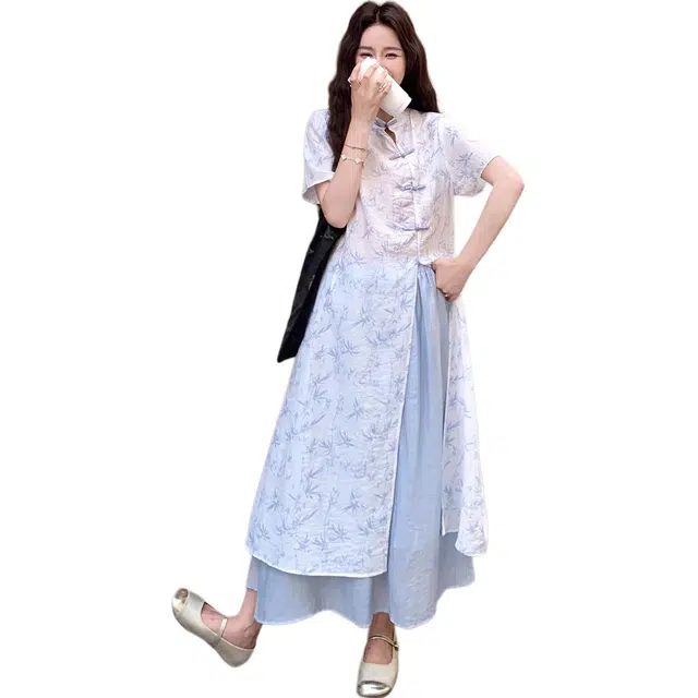 哒头下雨不愁 新中式印花盘扣国风上衣裙装套装 女款