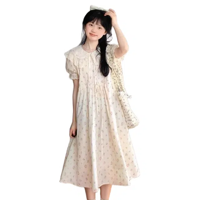 一碗士多 甜美清新蕾丝拼接系带风初恋女夏季学生收腰显瘦中长裙短袖连衣裙 女款