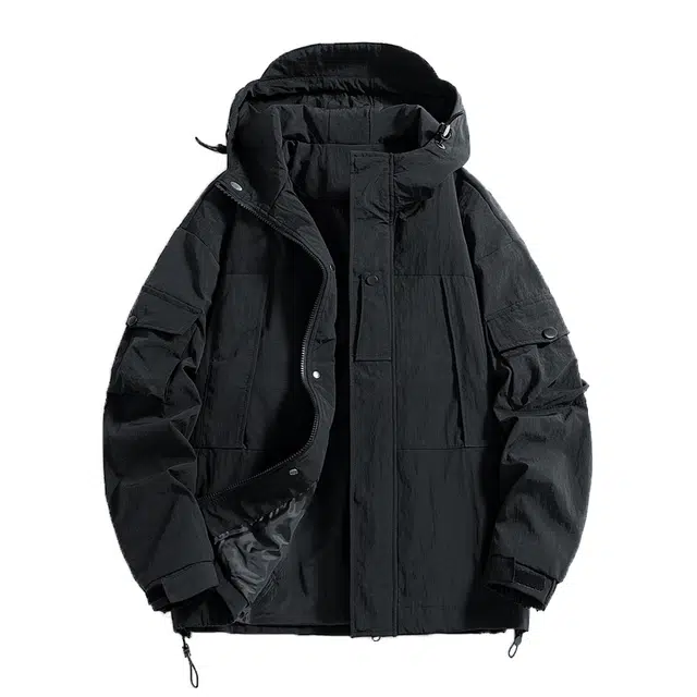 快鱼 简约纯色户外复古美式城市机能山系工装多口袋设计防风防水宽松休闲连帽夹克外套 男女同款