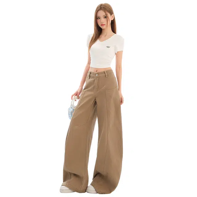 玫丝朵 美式复古慵懒风拼接设计高腰宽松阔腿拖地牛仔裤 女款