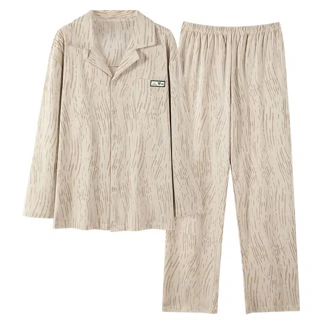 俏韵 翻领春秋季简约条纹长袖休闲印花开衫家居服可外穿睡衣套装 男款