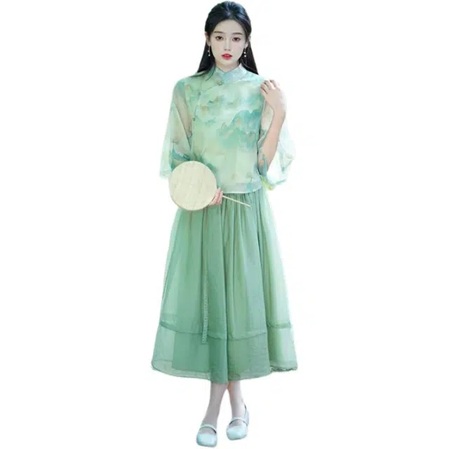 丝絮丝绸 新中式文艺复古典雅舒适设计汉服短袖裙装套装 女款