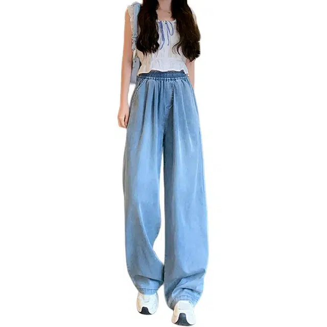 如续 天丝春夏薄款加长宽松直筒复古阔腿裤牛仔裤 女款