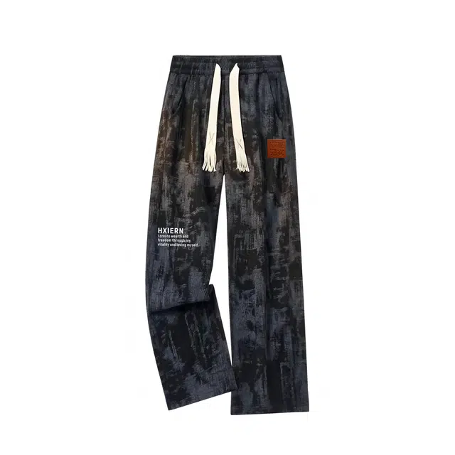 华夏儿女 美式高街复古扎染迷彩工装系带宽松直筒百搭运动休闲裤 男女同款