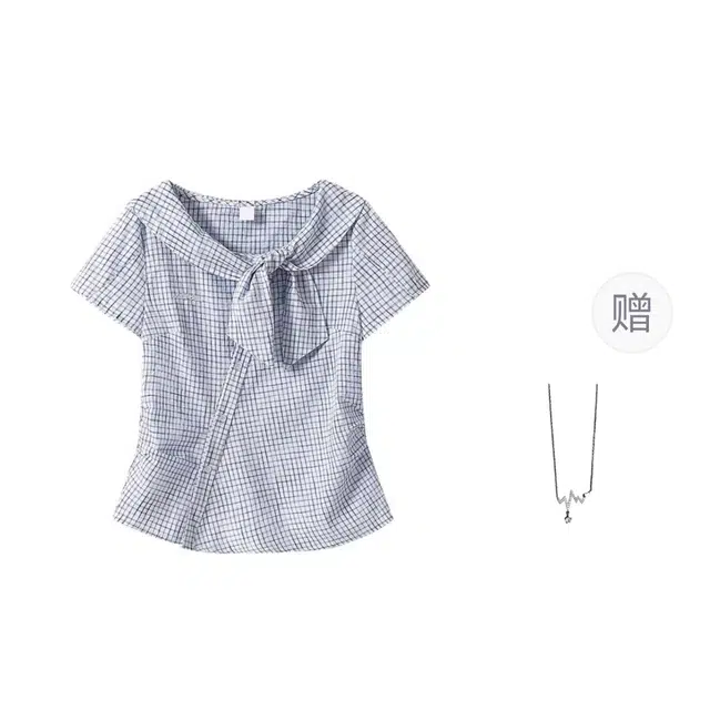 识恩 法式格纹拼接系带娃娃领短袖女夏季腰甜美上衣衬衫 女款