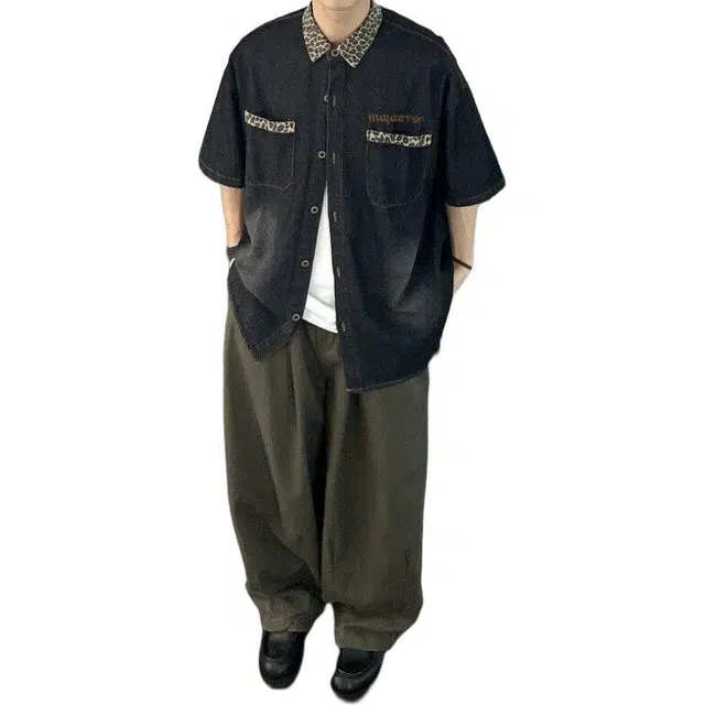 颂希尔 美式复古豹纹拼接牛仔外套男短袖夏季潮牌街头做旧设计感潮休闲衬衫 男女同款