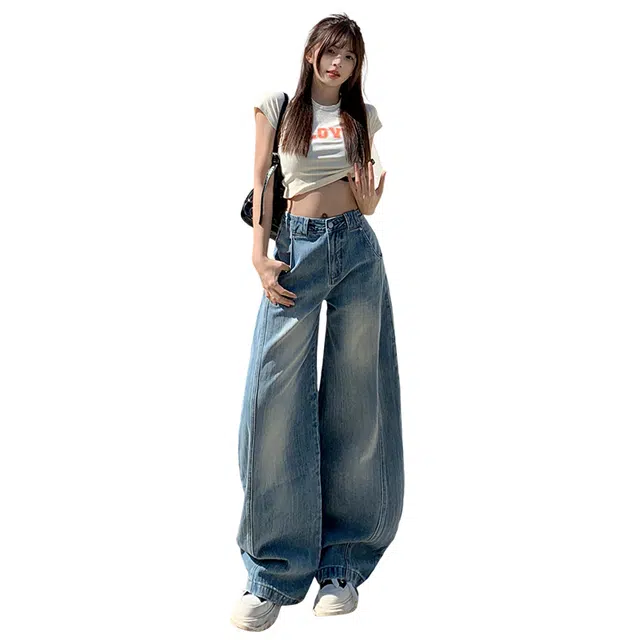 玫丝朵 美式复古慵懒风百搭高腰宽松阔腿弯刀牛仔裤 女款