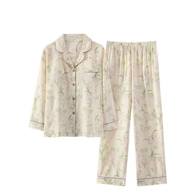 俏韵 翻领薄款云朵棉长袖带胸垫开衫休闲家居服可外穿睡衣套装 女款