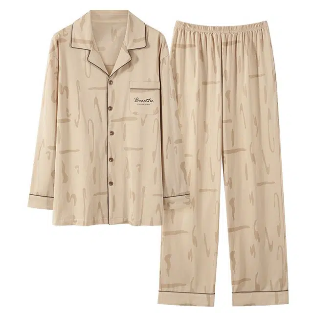 俏韵 翻领春秋季简约风长袖休闲印花开衫家居服可外穿睡衣套装 男款