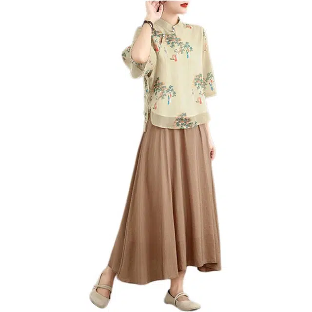 丝絮丝绸 新中式植物花卉立领薄款长款时尚百搭裙装套装 女款