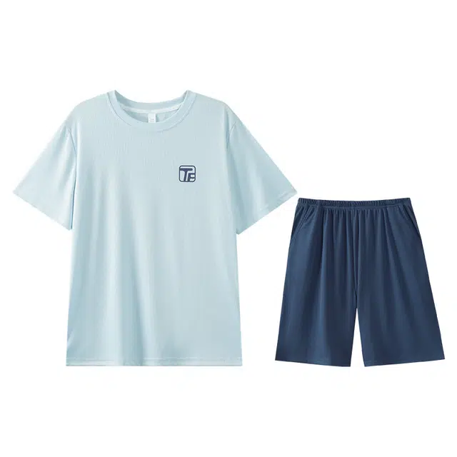 兰缪 男士夏季冰丝螺纹短袖薄款夏天可外穿宽松家居服睡衣套装 男款