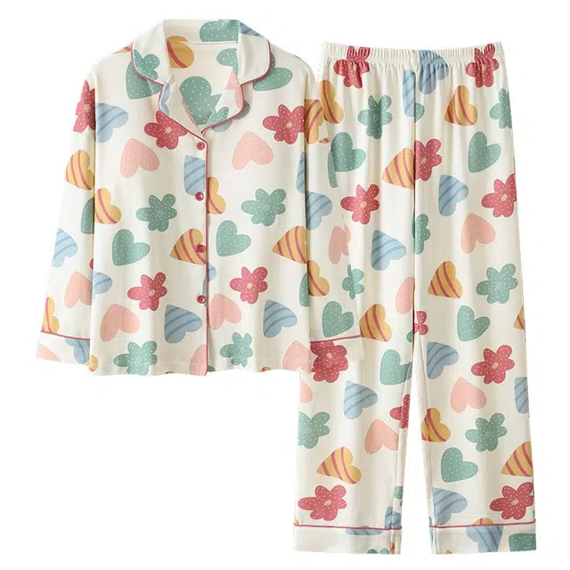 俏韵 翻领长袖长裤开衫简约甜美印花可爱薄款家居服可外穿睡衣套装 女款