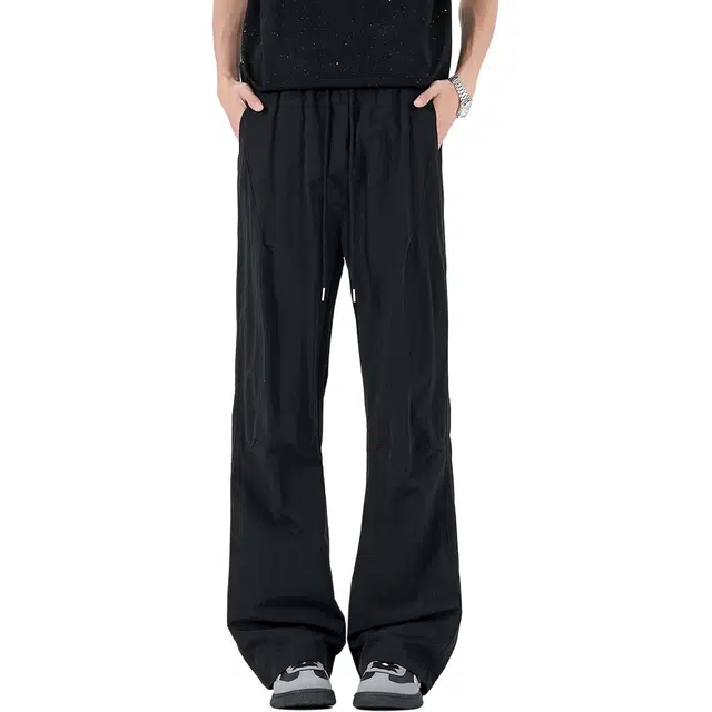 中国航天 夏季痞帅运动冰丝凉感户外透气宽松速干舒适中腰系带直筒长裤垂感顺滑拖地时尚百搭薄款潮牌休闲裤 男女同款