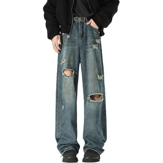 佐菲利 美式破洞夏季潮流牌直筒高街设计感痞帅休闲长裤子牛仔裤 男女同款