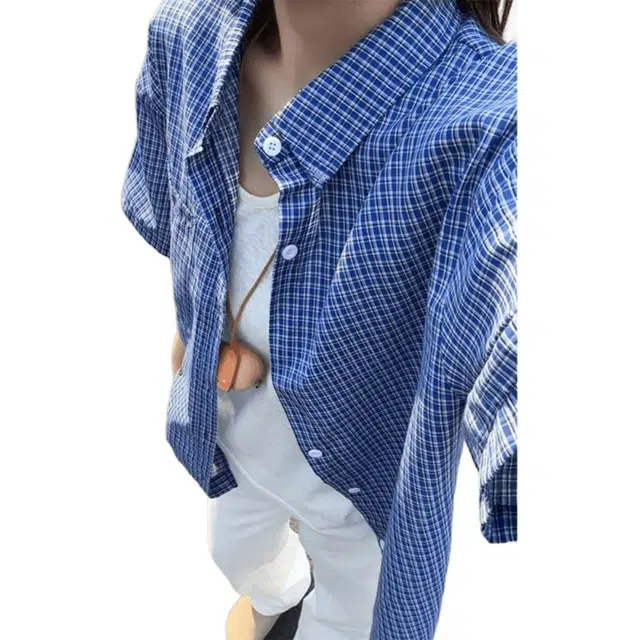 颂希尔 美式潮流格子短袖衬衣外套潮牌复古格纹情侣宽松百搭半袖衬衫 男女同款