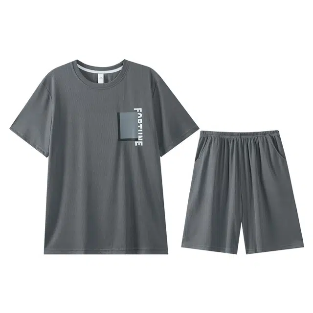 向薇 冰丝男士短袖青少年学生圆领套头夏季可外穿家居服睡衣套装 男款