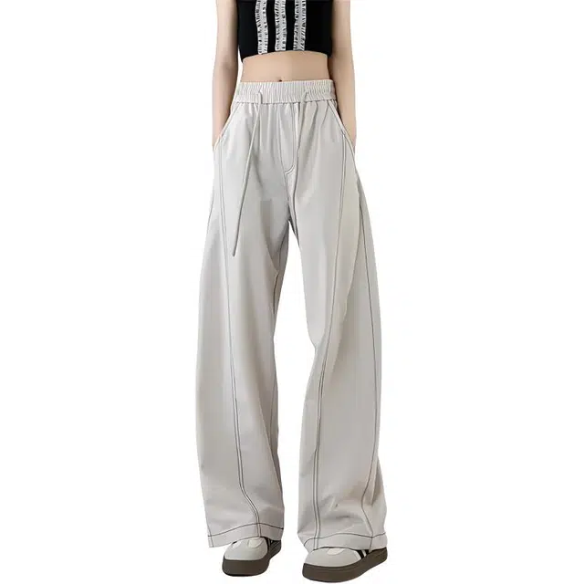 半空山 半空山美式复古高街冰丝凉感速干条纹设计明线拼接时尚百搭宽松透气休闲裤 男女同款